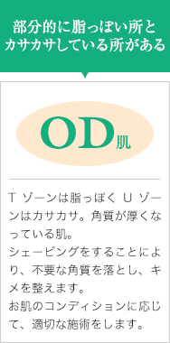 部分的に脂っぽい所とカサカサしている所がある【OD肌】Tゾーンは脂っぽくUゾーンはカサカサ。角質が厚くなっている肌。シェービングをすることにより、不要な角質を落とし、キメを整えます。お肌のコンディションに応じて、適切な施術をします。